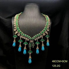 Victorian Turquoise & Emerald Green Statement Necklace Set Vintage Gold Jewelry