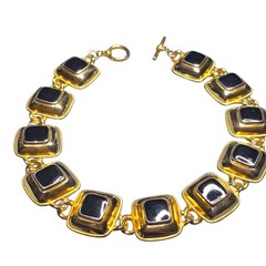Vtg Anne Klein Black Enamel Square Link Choker Necklace Gold Tone Toggle 17″