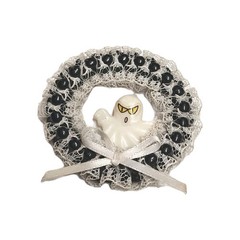 Vintage Handmade Amscan Ghost Round Wreath Pin Brooch Black & White Halloween