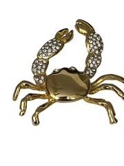 Gold-Tone Crab Brooch with Rhinestone Claws Beach Ocean Pin 2” Statement piece