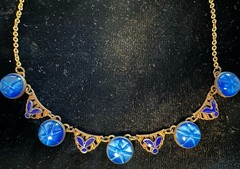 1930’s Vintage Art Deco Czech Blue Star Sapphire Glass Enamel & Brass Necklace