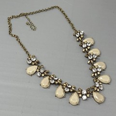Statement Rhinestone Necklace Gold Tone Bib Tan Acrylic Clear Metallic Glass 18″