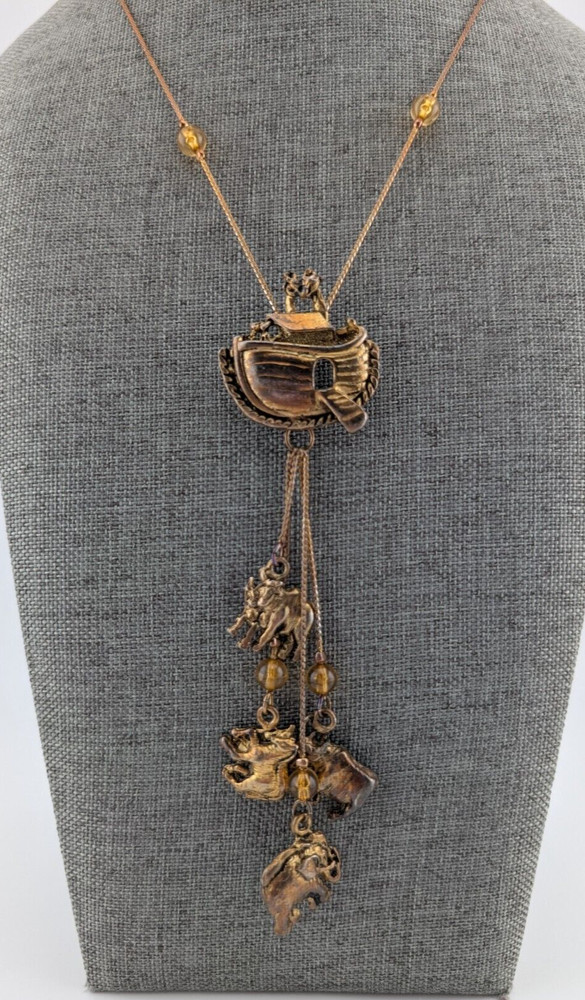 Vintage Marked Korea Dangling Noah’s Ark Animal Charm Beaded Necklace 30in