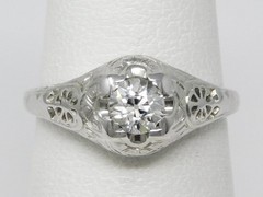 18k White Gold ART DECO ~4.4 mm Diamond Solitaire Filigree Ring Sz 5.5+ B6852