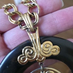 Vinatge Crown Trifari Necklace Large Brown Faux Tortuous Pendant Gold Tone Chain