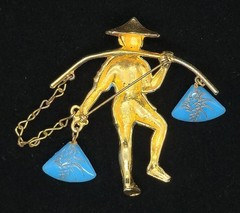 Vtg Asian Man Carrying Pole Water Waterboy Molded Blue Glass Stone Brooch Pin