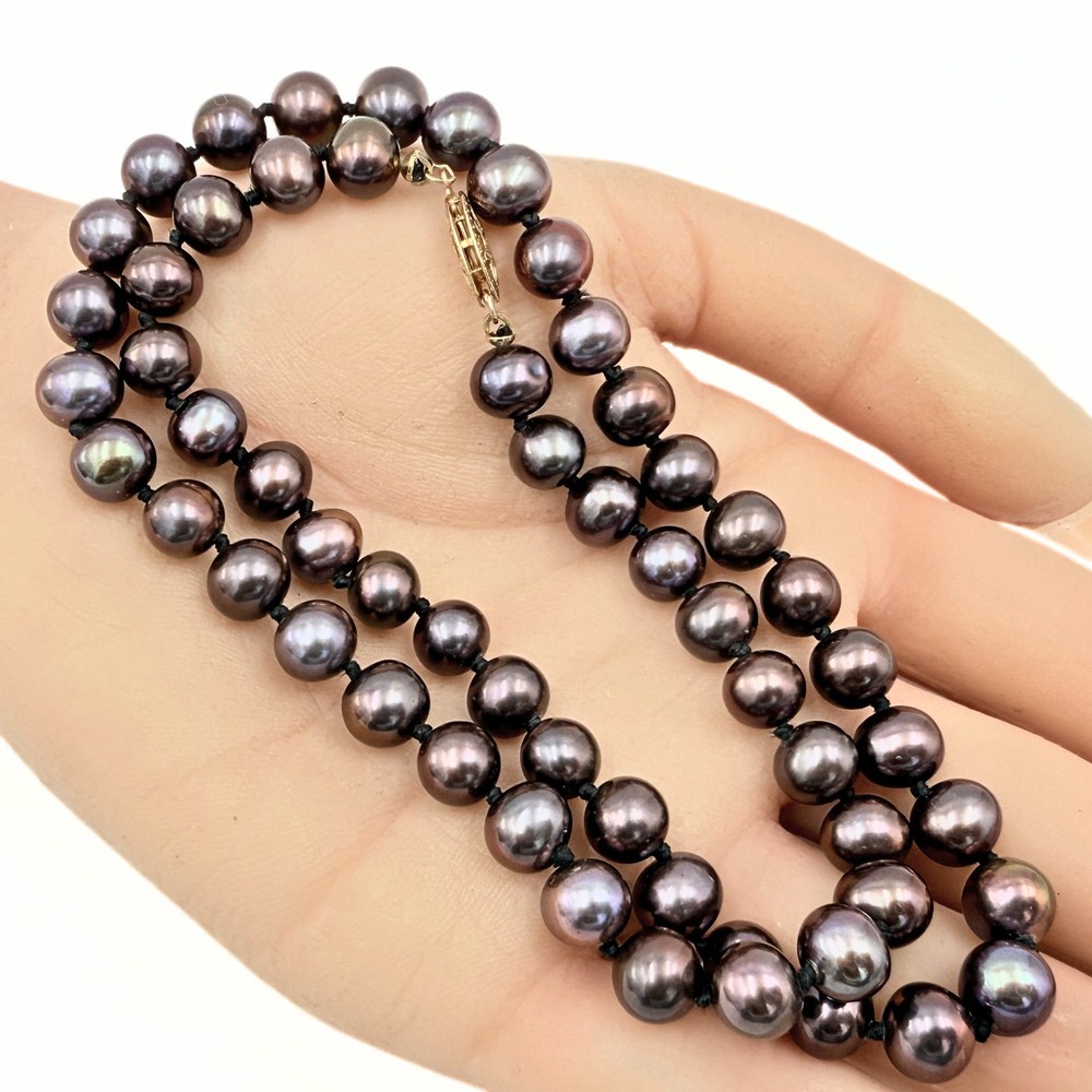 Captivating Marked 14k Gold Peacock 7mm Freshwater Pearl Beaded Necklace