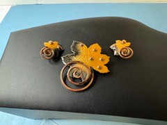 Vintage Matisse Renoir Enamel on Copper Leaf Brooch & Earrings Set Signed