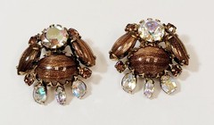 Vintage Schreiner Earrings Gold Flake Brown AB Topaz Rhinestone