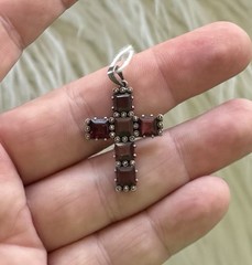Vintage German 935 Silver Bohemian Garnet Cross Pendant Art Deco w/ Marcasite ￼