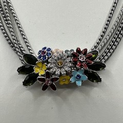 Multi Strand Enamel Rhinestone Slide Pendant Necklace Silver Tone 16-21”