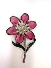 Vintage Brooch Pot Metal Stunning Purple Flower Glass Large Painted Estate
