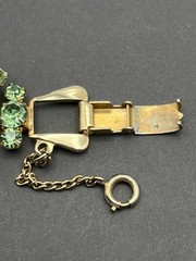 Vtg Mint-Green Cabochon & Rhinestone Unsigned Bracelet Gold Tone 5-Link Safety