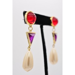 Vintage Cabochon 2.5″ Dangle Earrings Red Purple Pearl Drop Gold 80s 1980s BinAZ