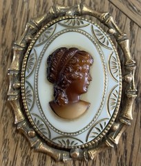 Vintage Cameo Brooch Brown Resin Oval Gold Tone Metal Filigree 2”