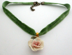 Porcelain Rose Green Velvet Choker Necklace Handmade w/vintage pendant