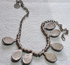 Vintage Old Pawn Necklace w 1″ Green Stones, Hand Made Coin Silver Settings 18″