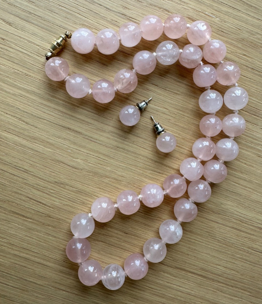 Vintage Rose Quartz 18 in Necklace w 12mm beads & matching 10 mm post earrings