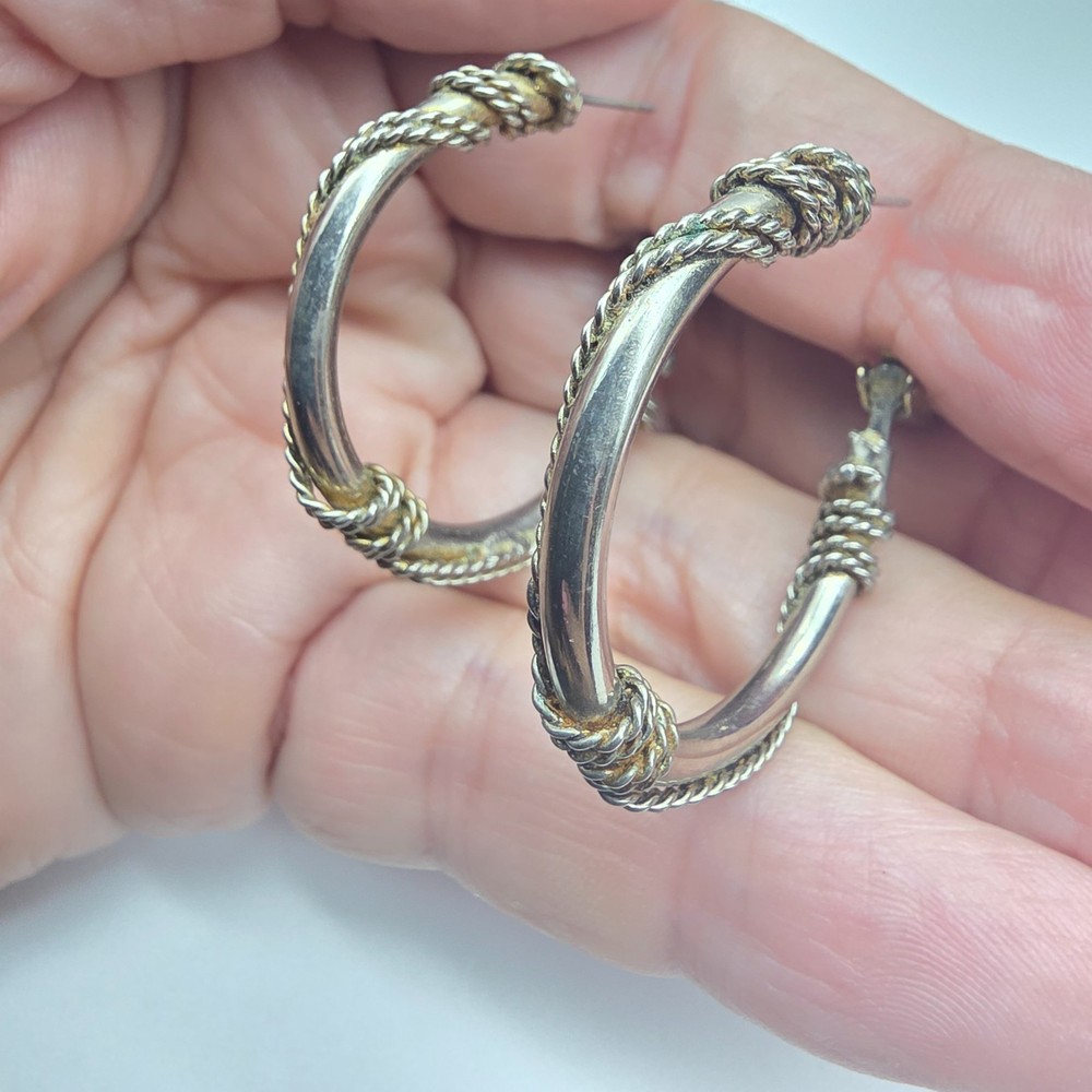 Silver Tone Metal Wire Wrapped Hoop Omega Pierced Earrings Vintage