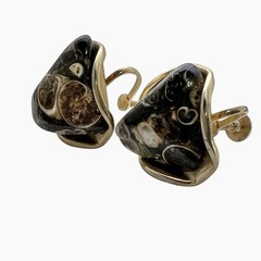 Turritella Agate Fossil Earrings Screw Back Gold Tone Shell Inclusions Vintage