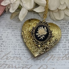 Gold Heart Locket Victorian Anniversary Wedding Cream Black Rose Cameo Necklace
