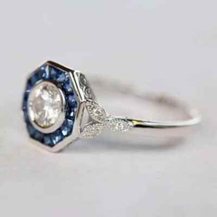 Art Deco Style Lab-Created Diamond & Sapphire Engagement Ring 14k White Gold FN