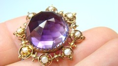 🌟Large Antique 8K Gold Amethyst w Pearls Pin & Faceted Dome-Shaped Stone