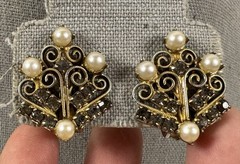 Vtg Filigree Simulated Pearl Smoky Gray Crystal Rhinestone Earrings Wedding