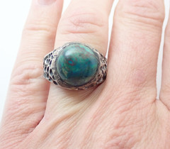 Vintage Chrysocolla Brutalist Modernist Sterling Silver Band Ring Sz 9.75