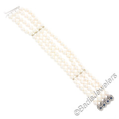 Vintage 18k Gold 2.25ctw Sapphire Textured Clasp 4 Row Excellent Pearl Bracelet