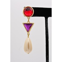 Vintage Cabochon 2.5″ Dangle Earrings Red Purple Pearl Drop Gold 80s 1980s BinAZ