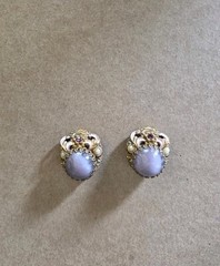 Vintage West Germany Purple Glass Cabochon Gold Tone Clip On Earrings