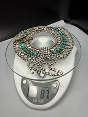 Hobe Signed Clear & Green Glass Rhinestone Necklace 16.5” With 3.75” Fringe VTG