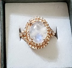 Vintage Cabachon Moonstone CZ Rose Gold 925 Sterling Statement Estate Ring 8.25