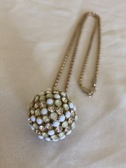 Vintage Rhinestone, White and Green Lucite Sphere Pendant Gold Tone Necklace-24″