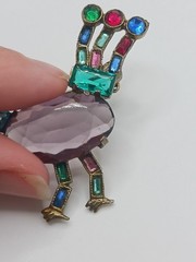 1940s Pot Metal Bird Brooch Rhinestone Figural fruit salad purple glass Vintage
