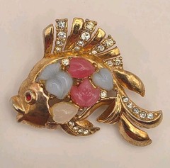 Vintage Pink, White, Blue Pressed Glass W/Crystals Tutti Frutti Fish Brooch