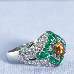 Fancy Vivid Orange Yellow Citrine, French Cut Emerald & White CZ Art Deco Ring