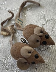 2 Vtg MCM Denmark Lt Teak Wood Leather Mouse Lapel Pin Brooch Black Bead Eyes