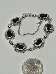 Vintage Black & White Cameo Plaque Sorrento Sterling Silver Bracelet 7 1/4”