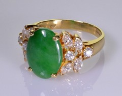 18K GOLD JADEITE JADE DIAMOND RING SIZE 8 1/4 STAMPED AJF