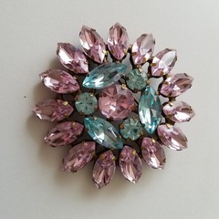 Vintage Pink and Blue Marquise Rhinestone Floral Brooch