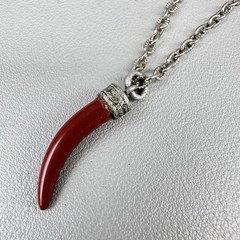 Vintage Cornicello Horn Necklace Red Resin Faux Coral Silver Tone Corno Luck 70s