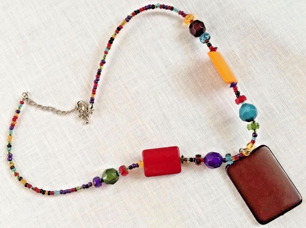 Colorful Beaded Necklace Tribal Bright Red Brown Yellow Blue Adjustable Length