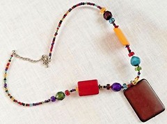 Colorful Beaded Necklace Tribal Bright Red Brown Yellow Blue Adjustable Length