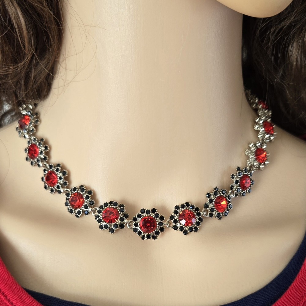 Simulated Red Statement Choker, Rhinestone Silver Tone Necklace