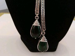 Selro Lariat Necklace Emerald Green Lucite Pendants Czech Glass Rhinestone 1960s