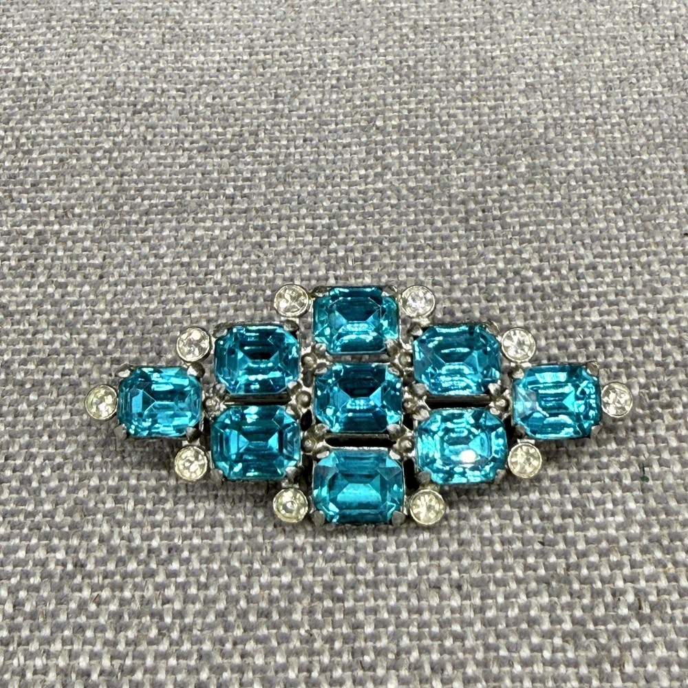 Vintage Brooch Blue Stones Clear Rhinestones 2.5 Inches