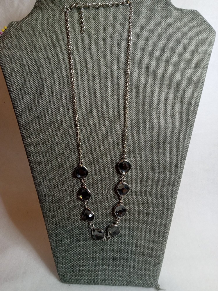 Beautiful Smokey Black Rhinestones on Chain Silver Tone 21 Inches Long