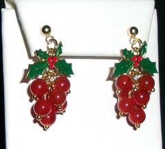 Vintage Holly Leaf Berries Earrings-Enamel Red Beads-Dangle Pierced
